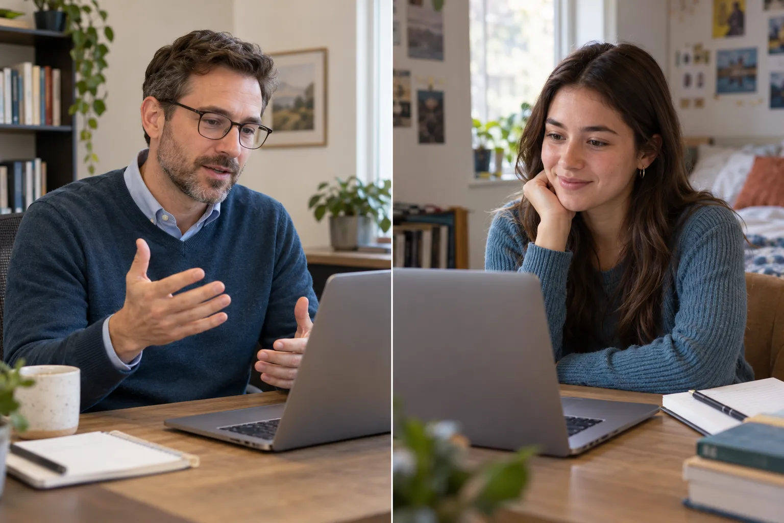 A clinician explaining an assessment while a college-age student listens from a separate location.
