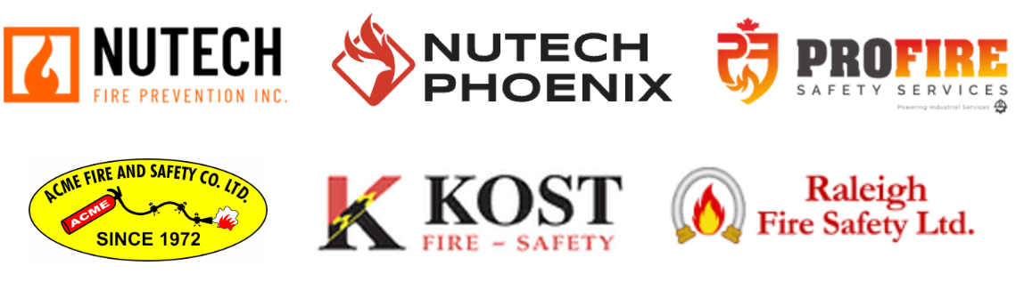 Nutech Fire Prevention, Nutech Phoenix, Profire Safety Services, Acme Fire and Safety, Kost Fire Safety and Raleigh Fire Safety logos