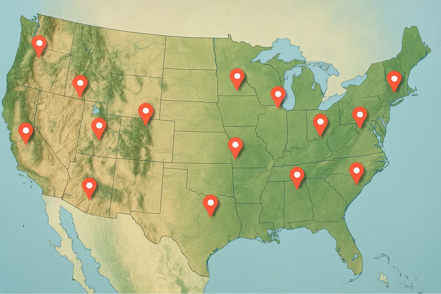 Map of America with location pins