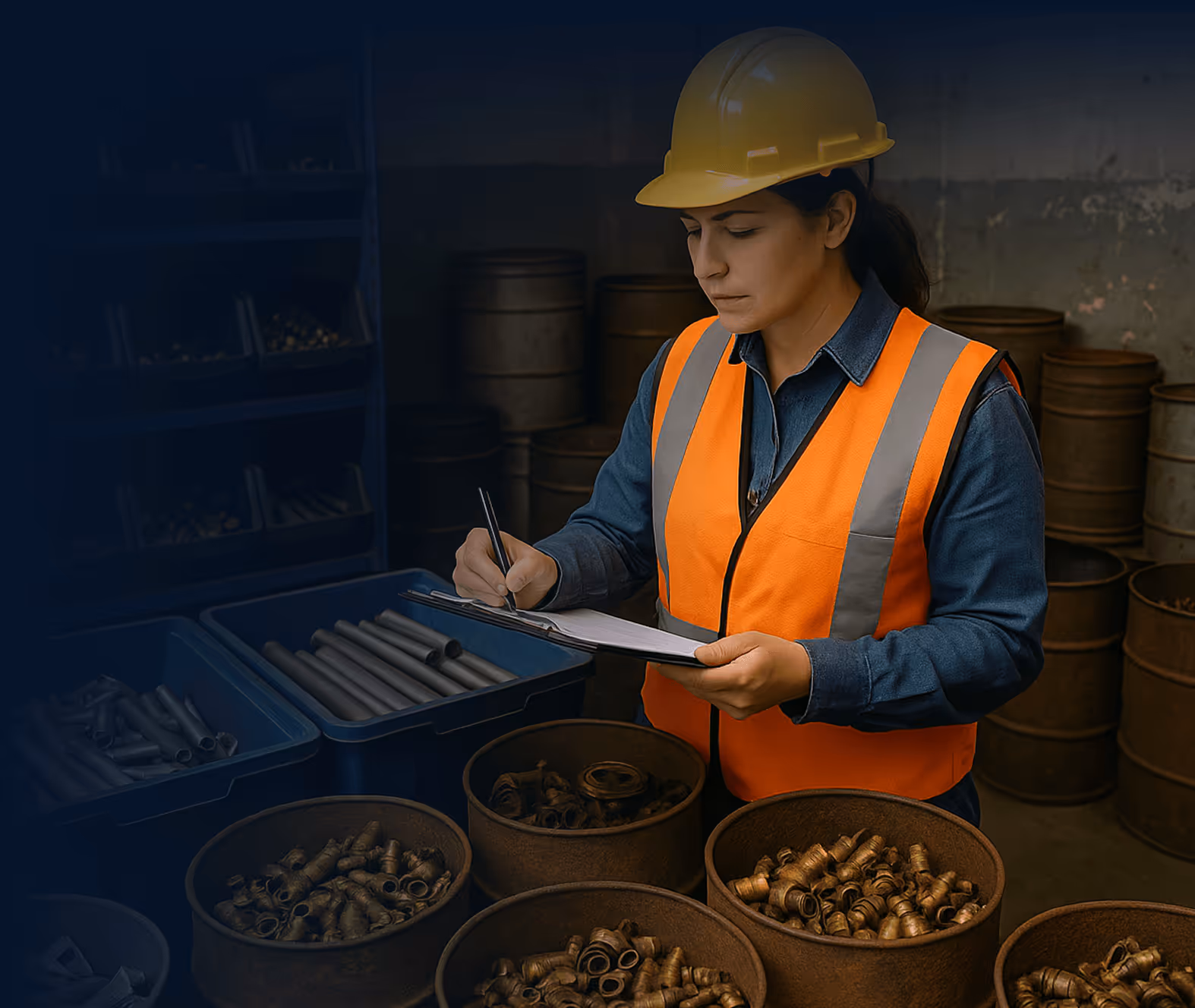 Woman in hard hat and high vis jacket taking stock