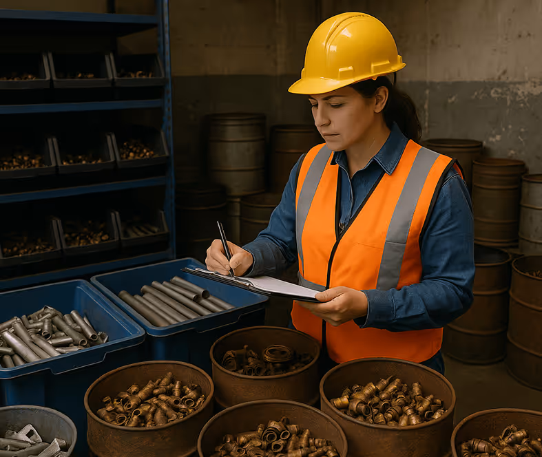 Woman in hard hat and high vis jacket taking stock