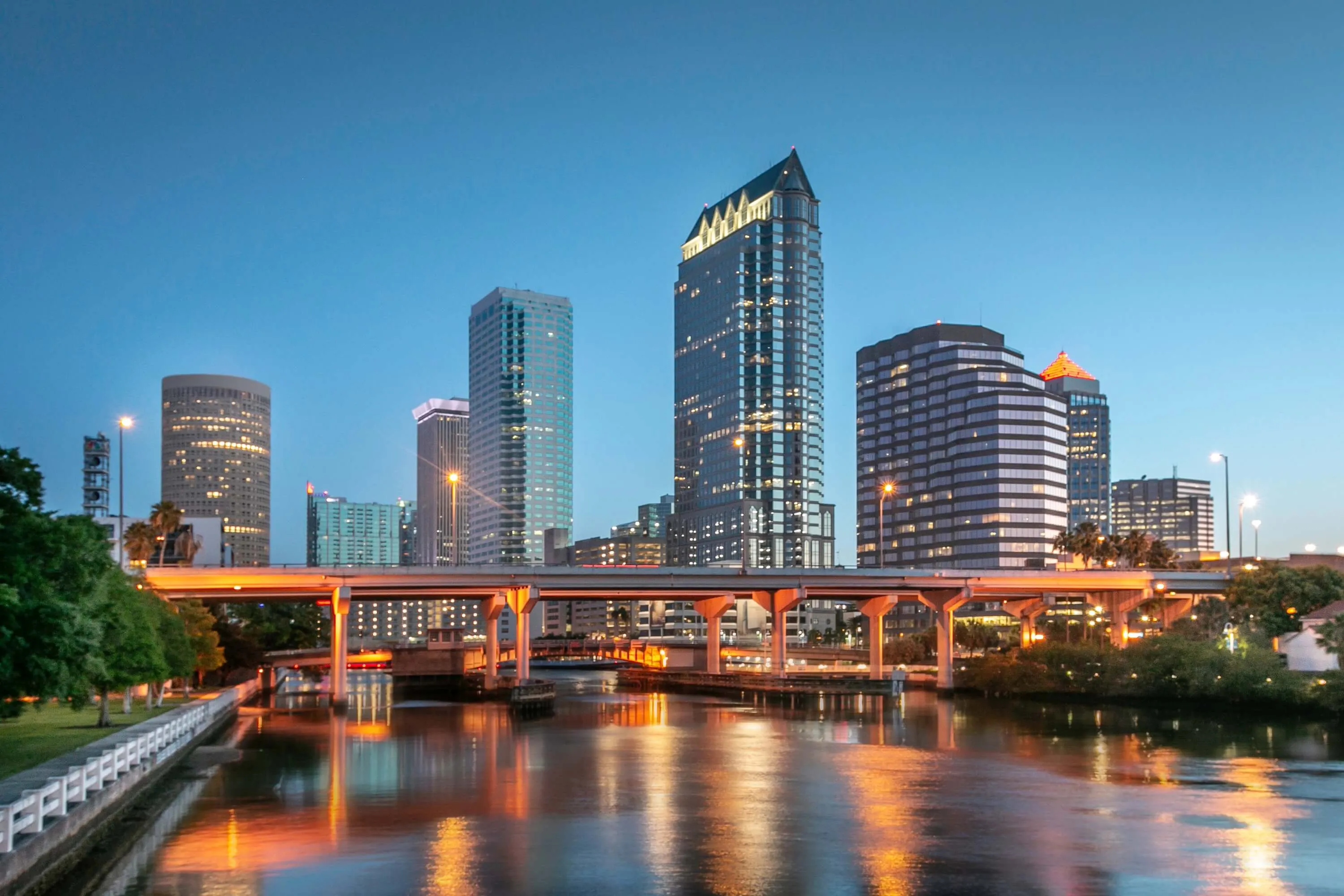 Tampa skyline at dusk representing FBDC's SBA 504 commercial lending footprint in Tampa Bay
