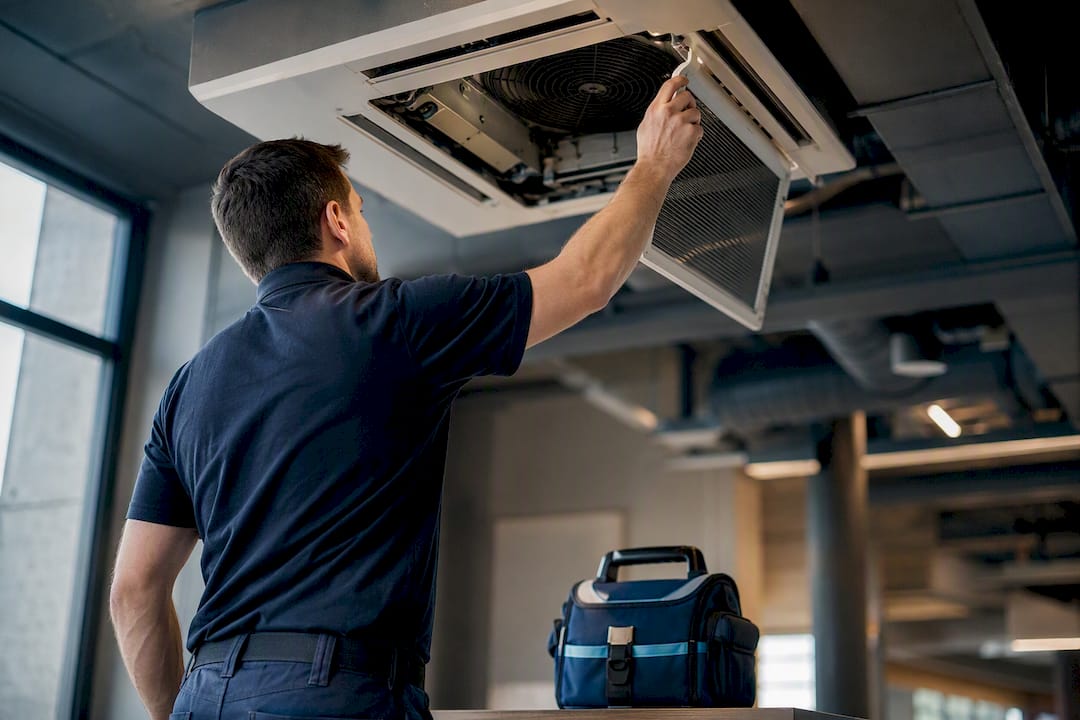 Technician inspecting commercial HVAC unit
