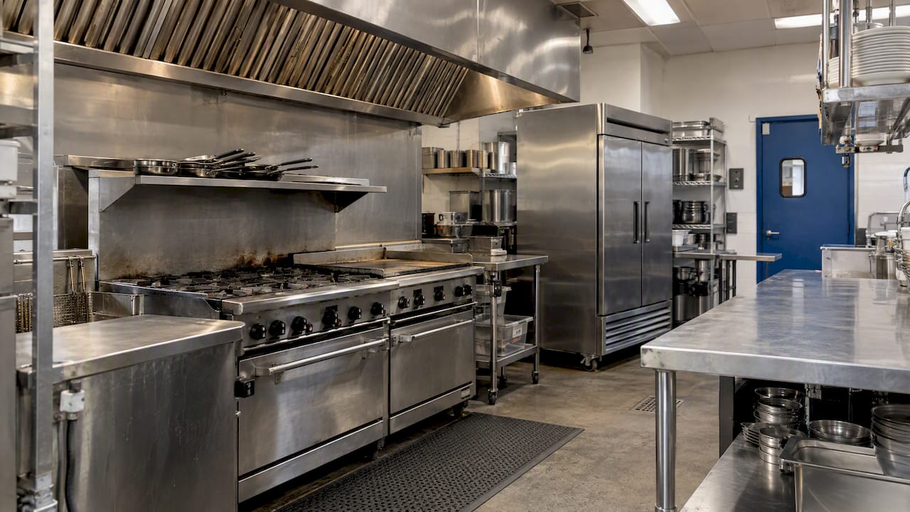 Restaurant kitchen ventilation hood and prep line