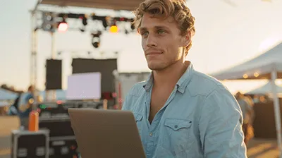 A man holding a laptop with a blue shirt on.