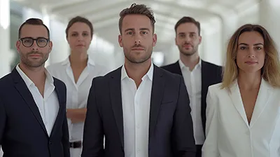 A man in a suit and tie stands in front of a group of people.