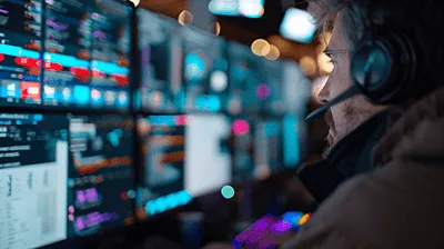 A man wearing a headset and glasses is working on a computer.