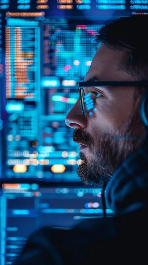 A man wearing glasses and a headset is looking at a computer screen.