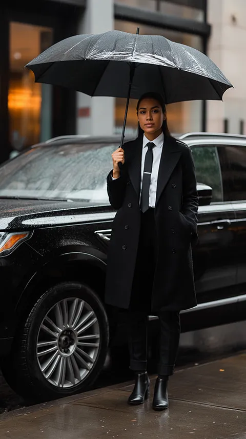 A woman standing in front of a car holding an umbrella.
