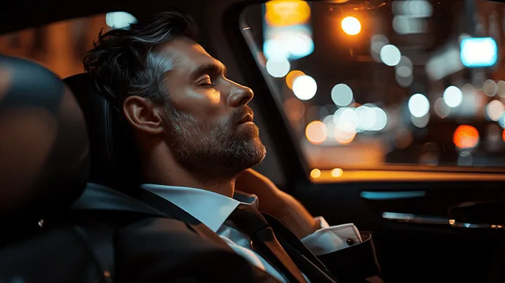 A man wearing a suit and tie is sleeping in a car.