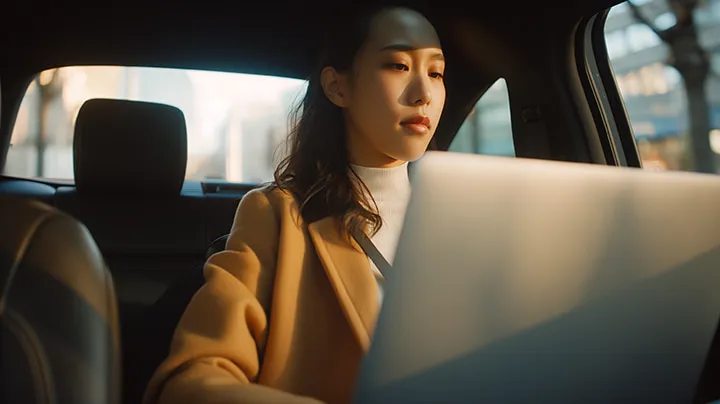 A woman in a brown coat is looking at a laptop.