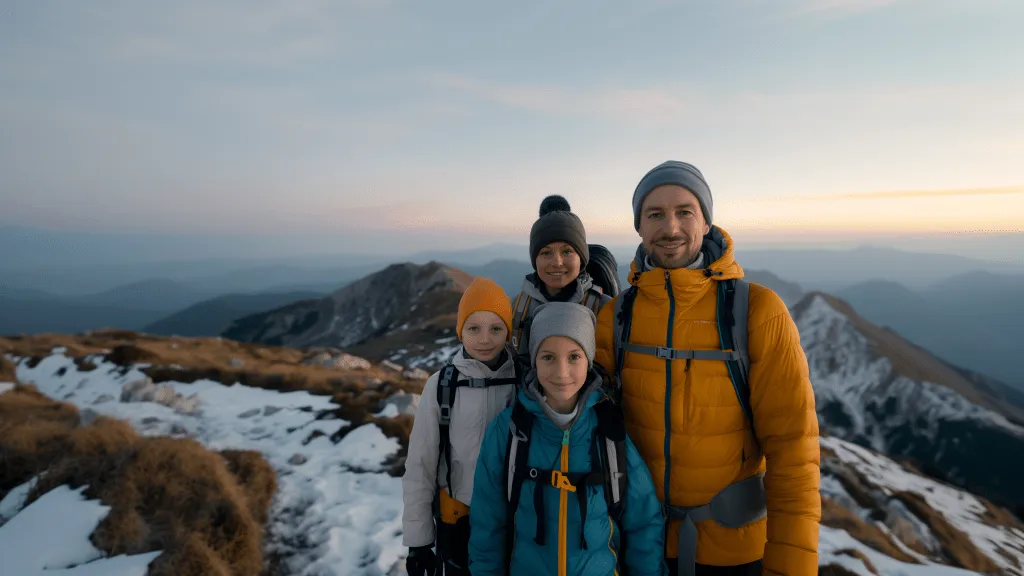 A family posing for a picture on a mountain top.