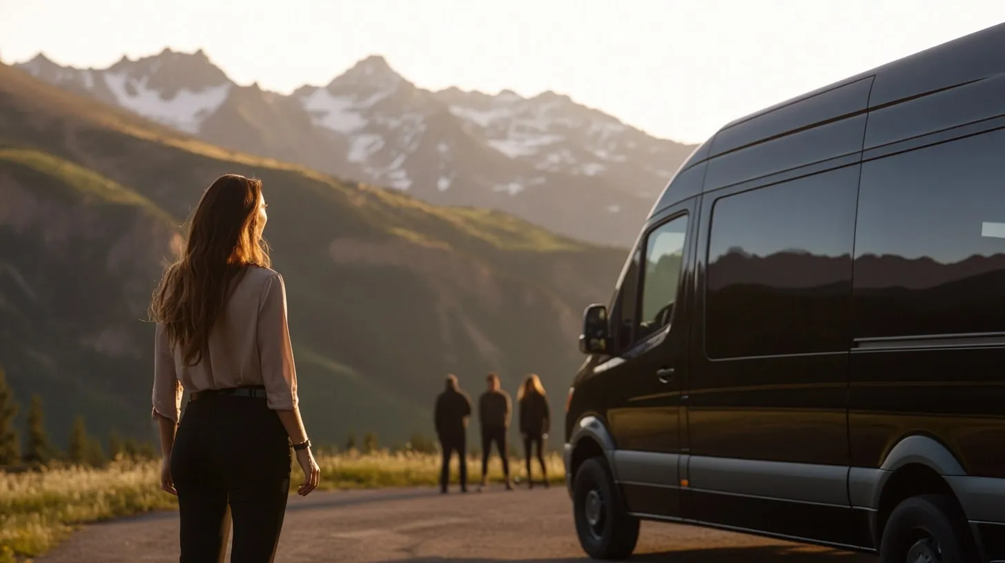 A woman standing in front of a black van.