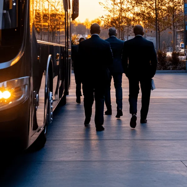 A group of men walking down a sidewalk in front of a bus.