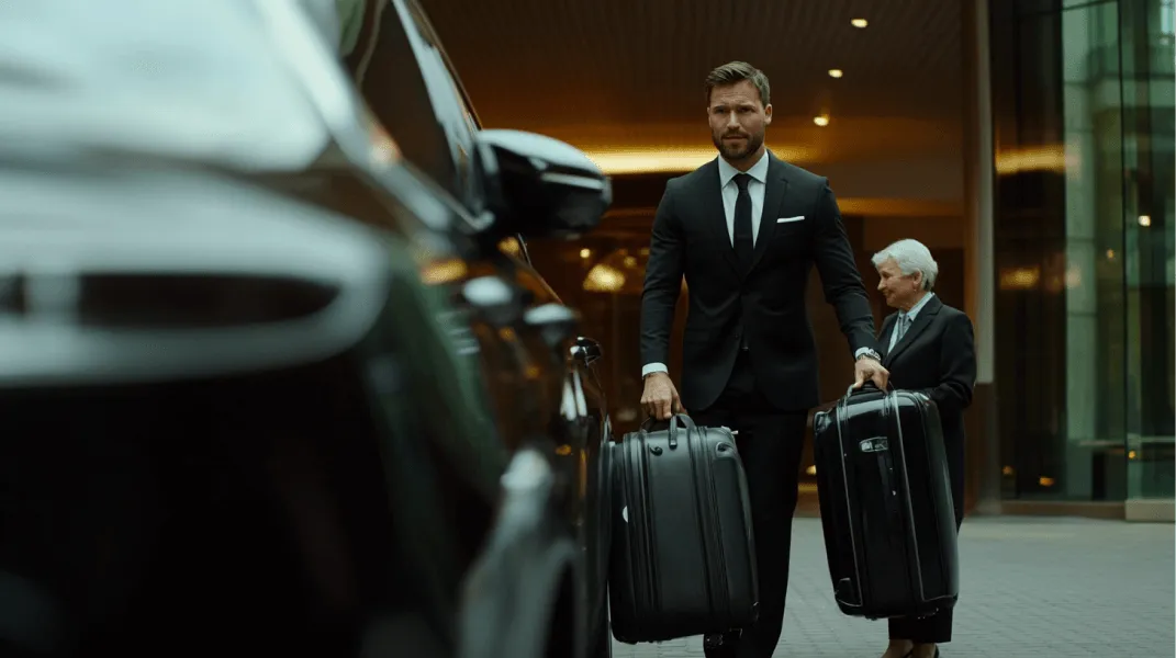 A man wearing a suit and tie is holding two suitcases.
