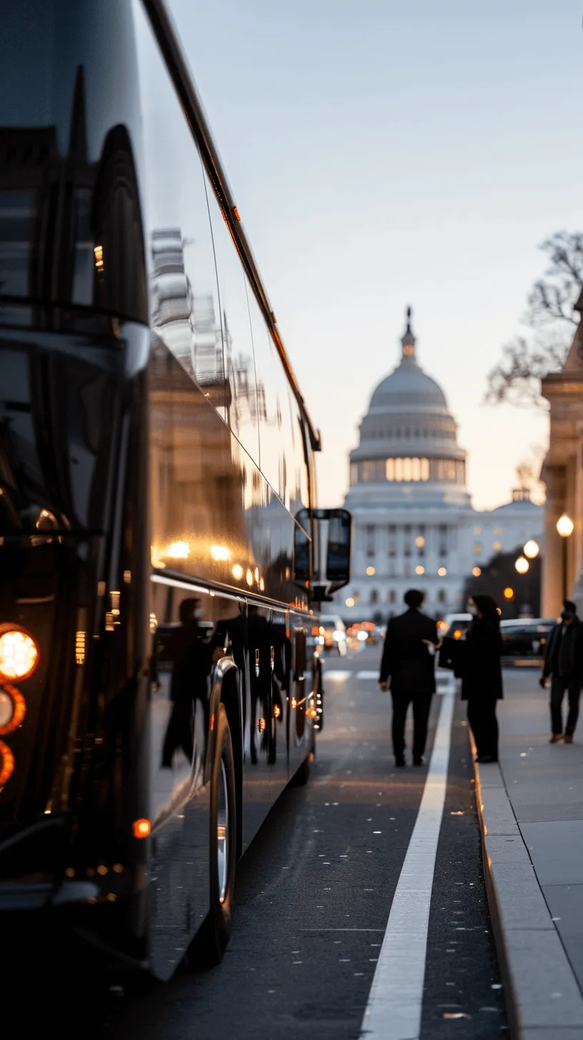 A bus with a reflection of the capitol building in the mirror.
