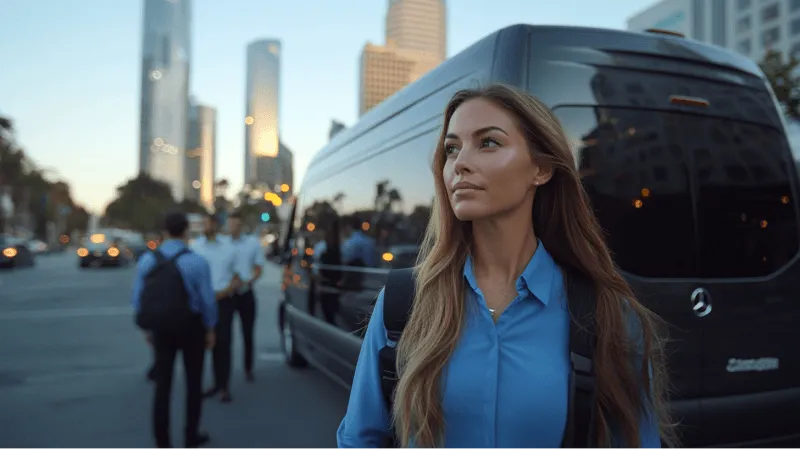 A woman wearing a blue shirt and carrying a backpack.