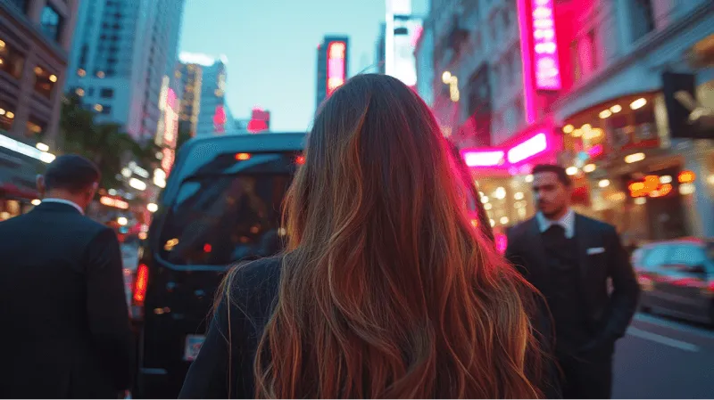 A woman with long red hair and a black shirt.