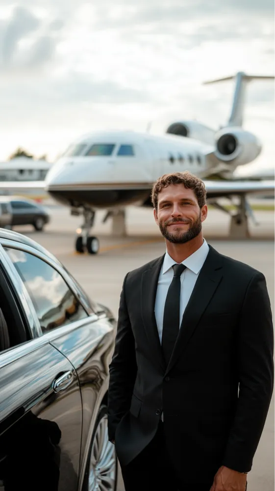 A man wearing a suit and tie standing in front of a jet.