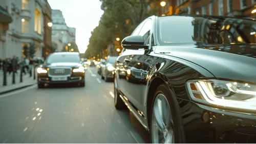 A black car driving down a busy street.