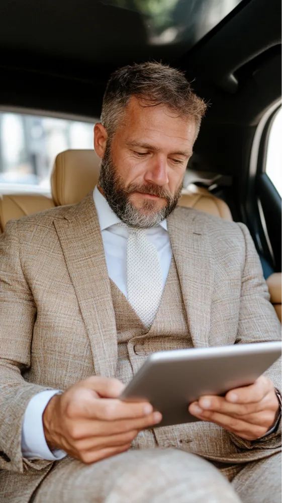 A man wearing a suit and tie is looking at a tablet.