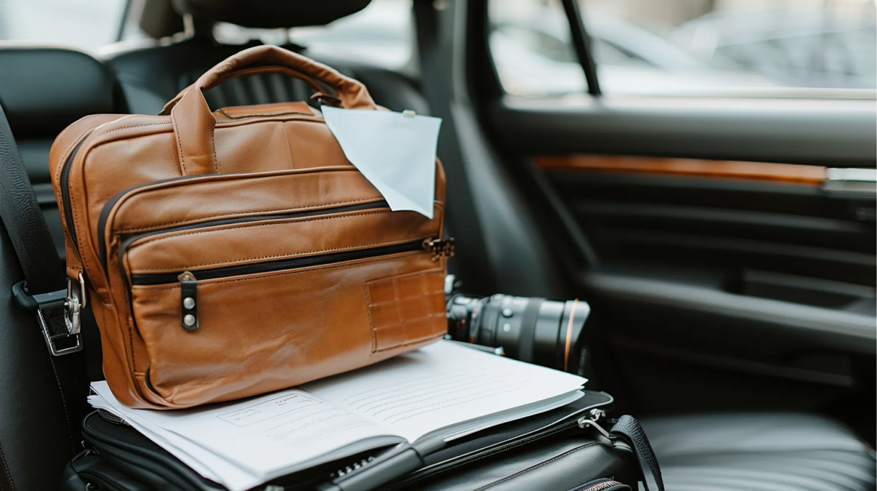 A brown leather briefcase with a white paper inside.