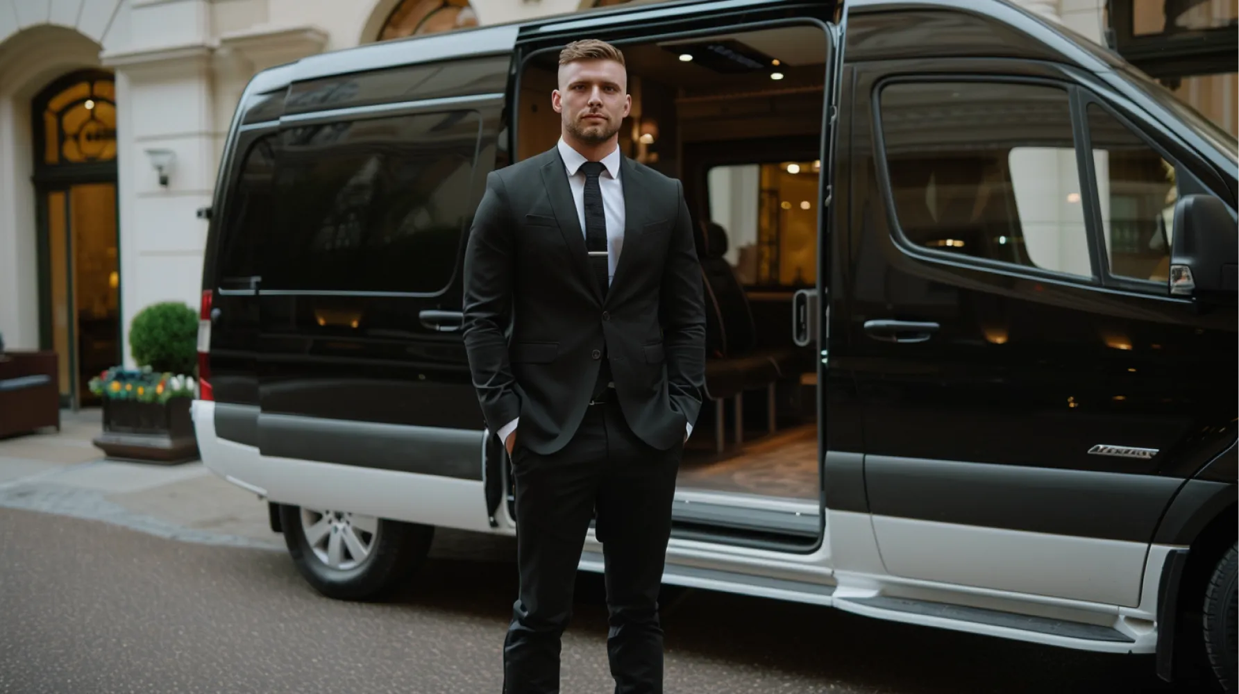 A man in a suit standing in front of a black van.