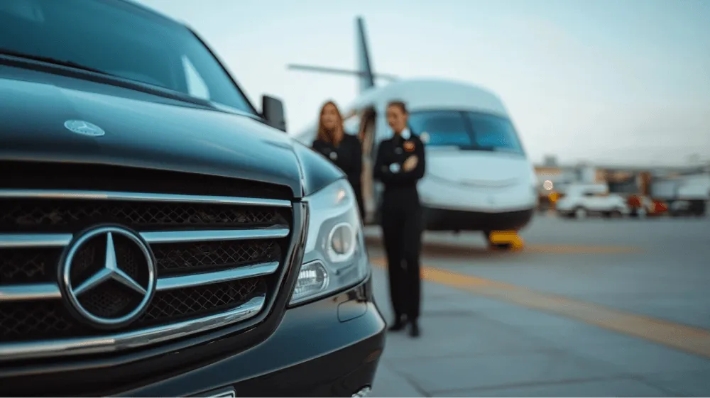 A black SUV is parked in front of a white plane.