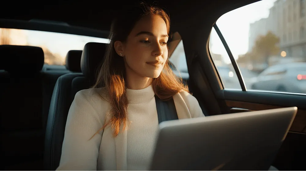 A woman in a white shirt is sitting in a car and looking at a laptop.