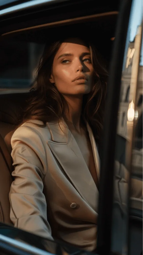 A woman wearing a tan jacket and white shirt.