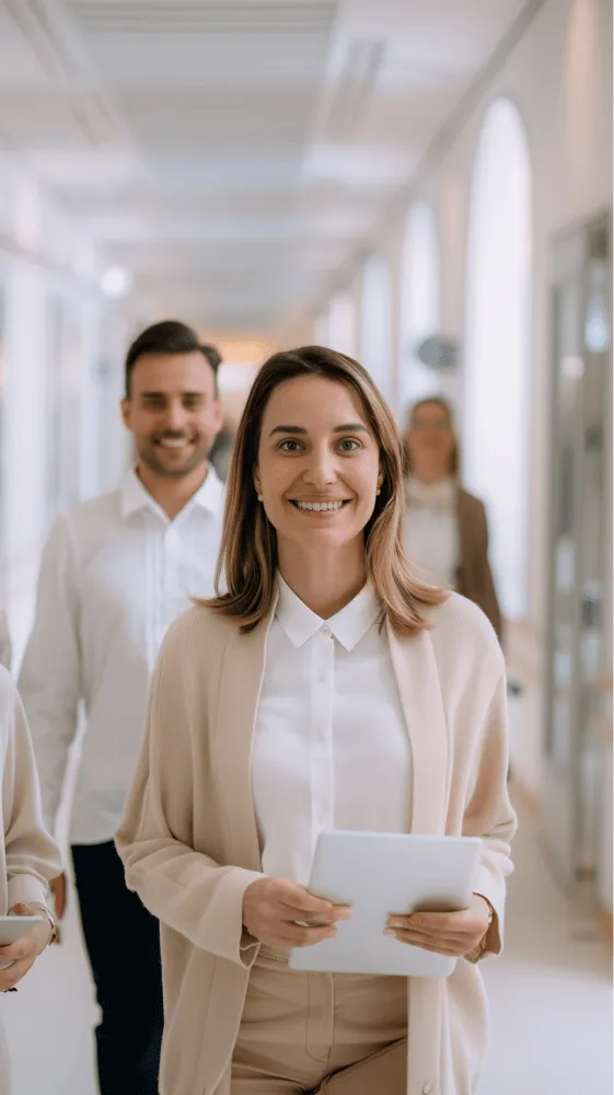 A woman wearing a white shirt and a tan sweater.