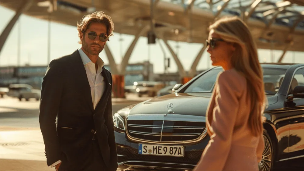 A man wearing a suit standing in front of a Mercedes Benz.