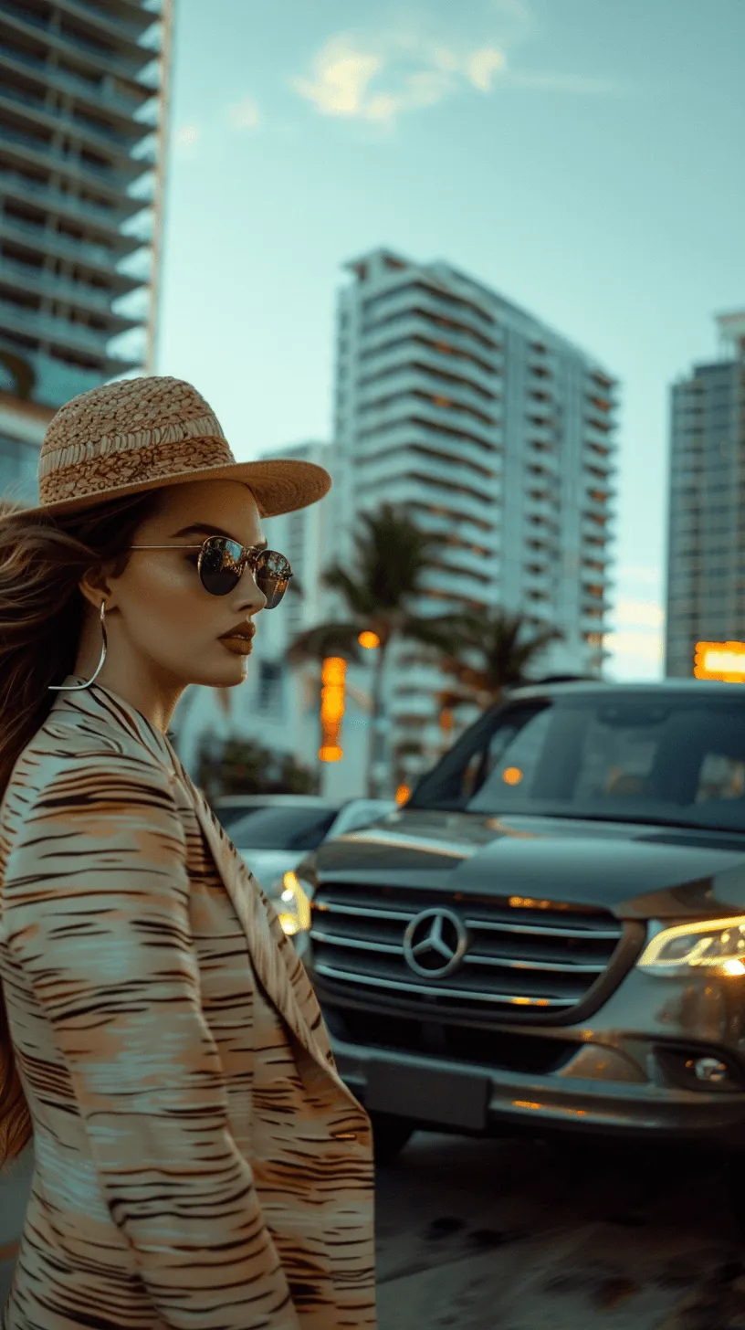 A woman wearing a straw hat and sunglasses standing in front of a Mercedes Benz.