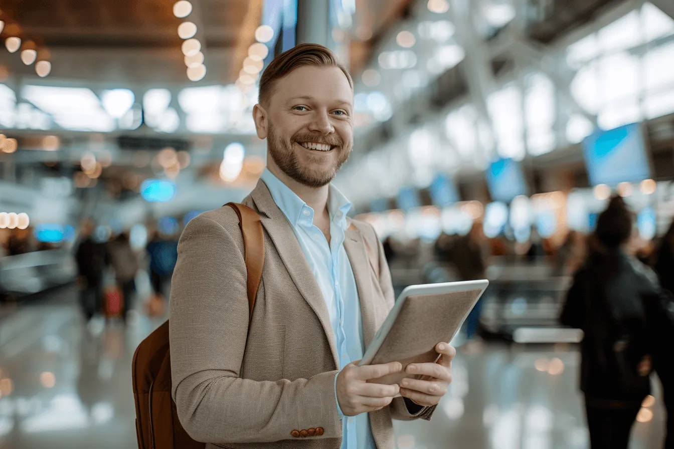 A man in a tan jacket holding a tablet.