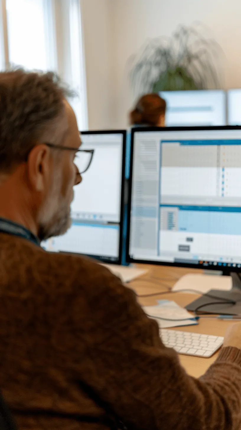 A man wearing glasses and a brown sweater is looking at a computer screen.