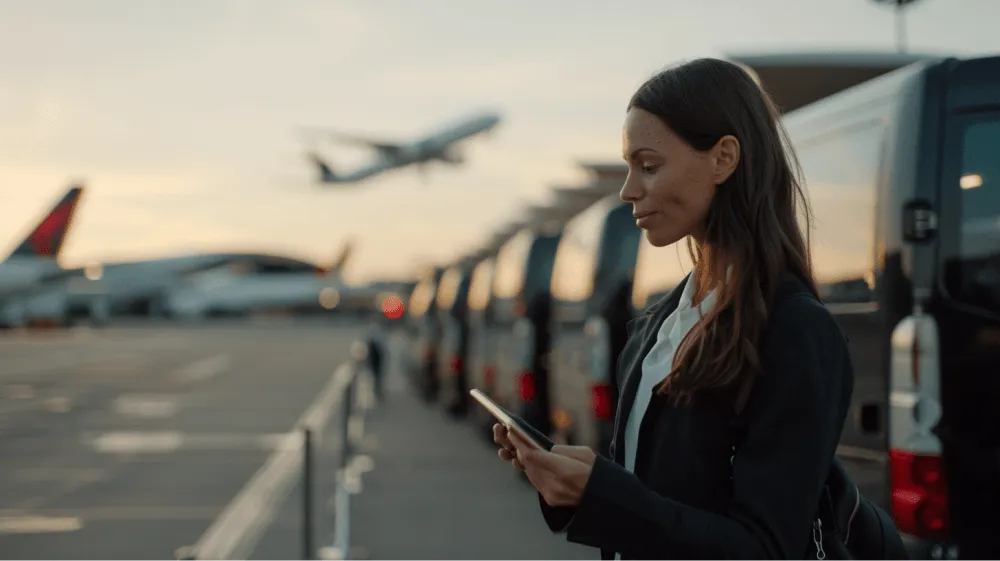 A woman looking at her phone while standing in front of a row of parked cars.