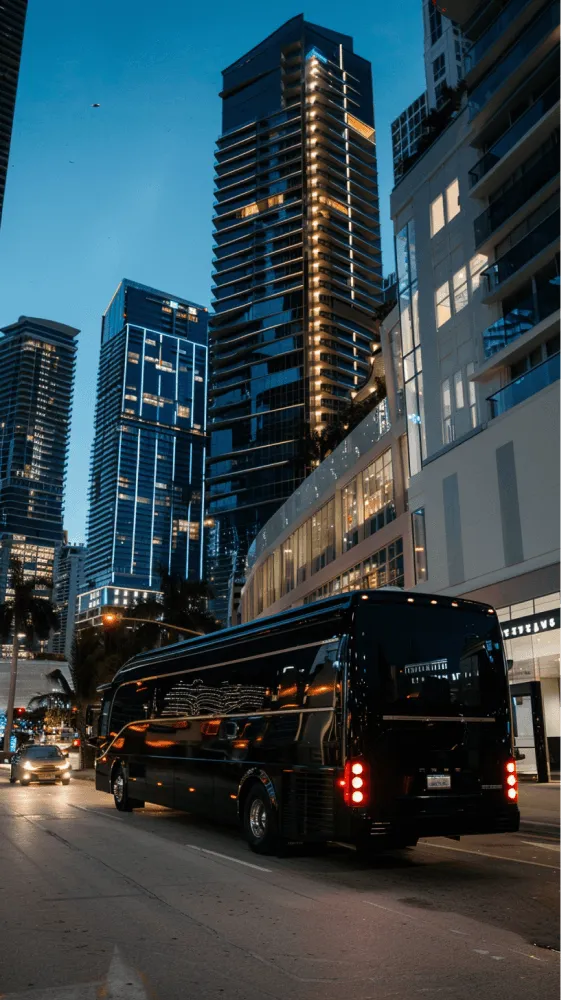A black bus with a white sign on the side driving down a city street.