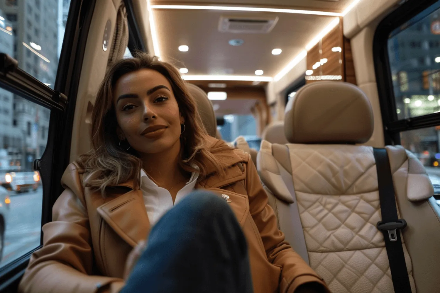 A woman wearing a brown jacket and blue jeans sitting in a car.