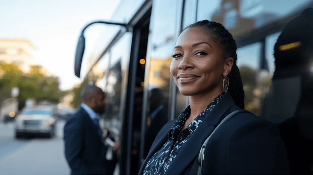 A woman in a blue shirt and black jacket is standing in front of a bus.