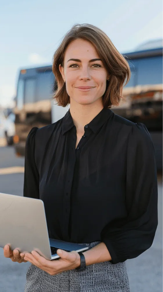 A woman wearing a black shirt and holding a laptop.