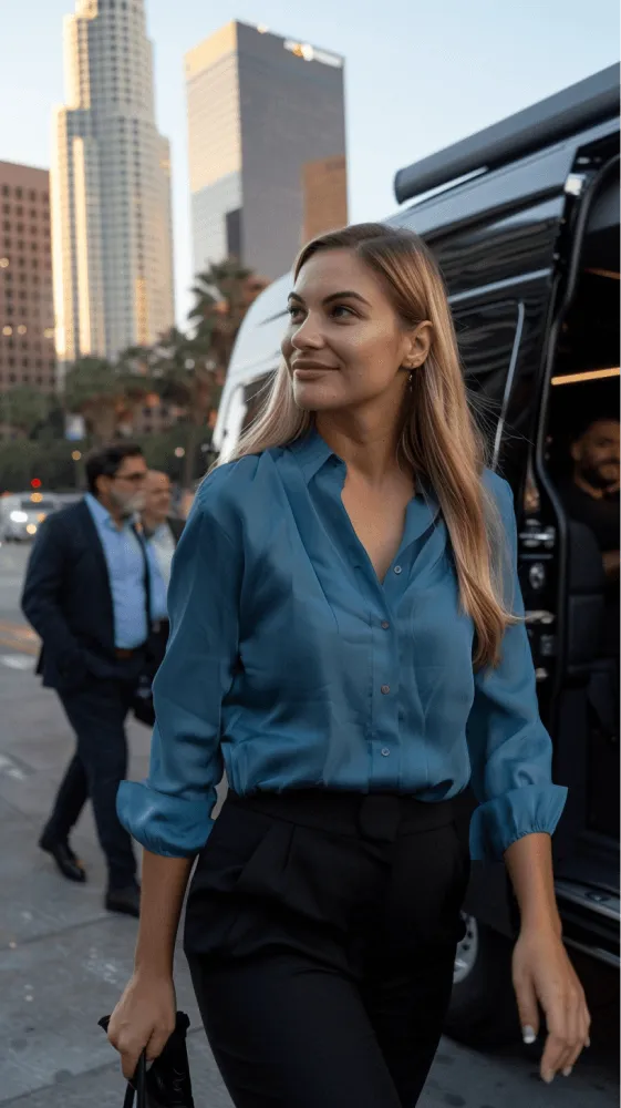 A woman in a blue shirt and black pants is walking on a city street.