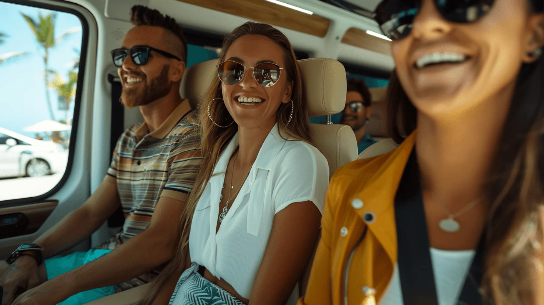 A woman wearing sunglasses and a white shirt.