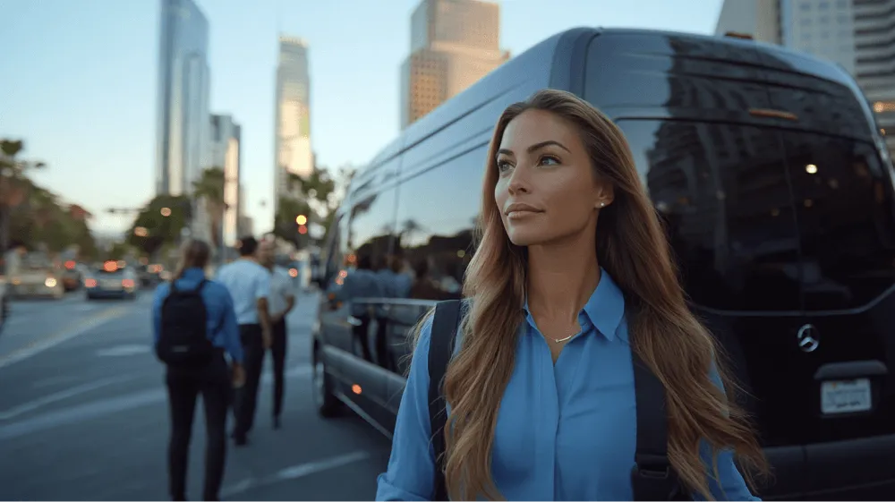 A woman in a blue shirt and black backpack is walking down the street.