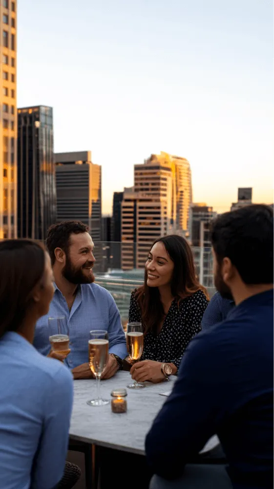 A group of people sitting at a table with wine glasses and a city skyline in the background.