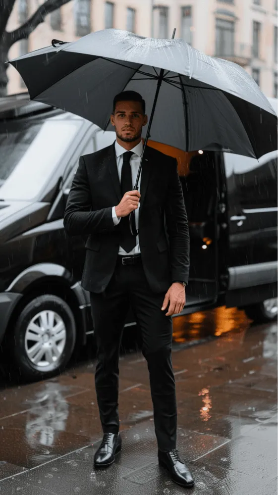 A man in a suit holding an umbrella.