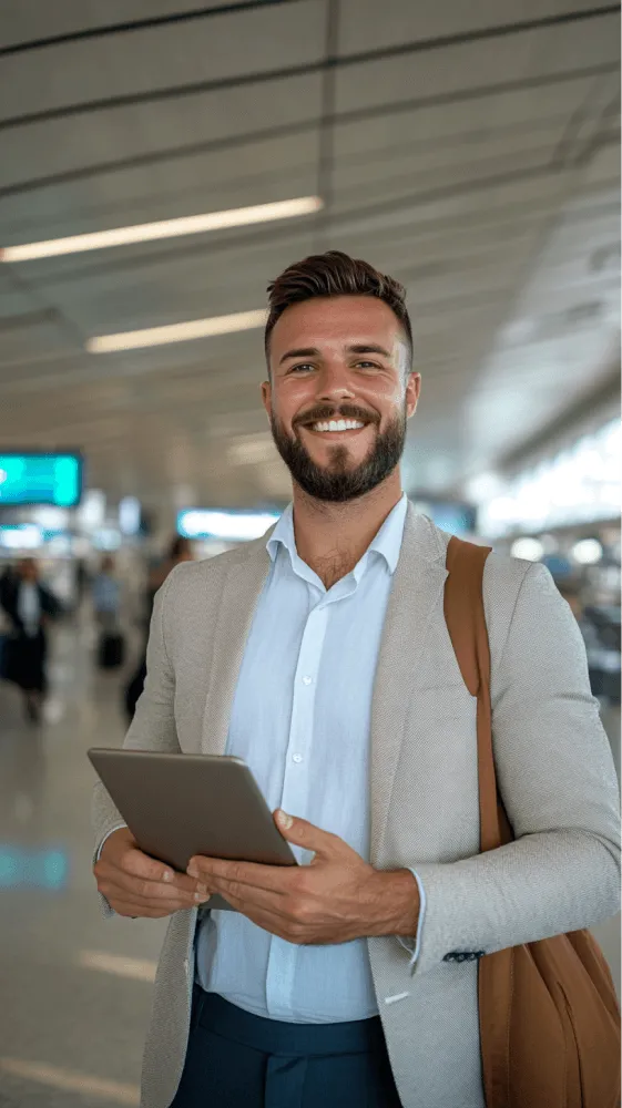 A man holding a tablet with a smile on his face.