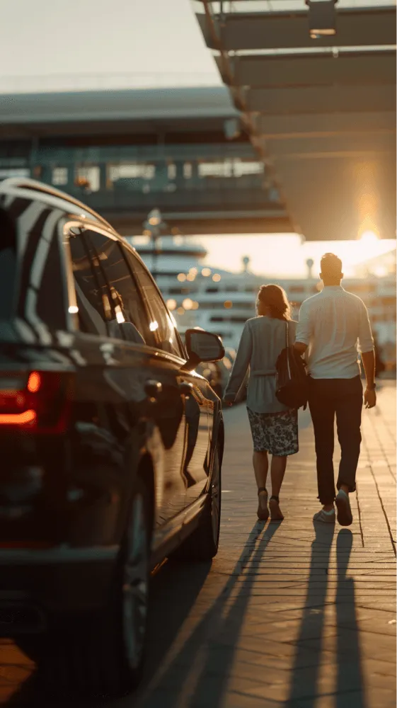 A man and woman walking on a sidewalk with a car in the background.