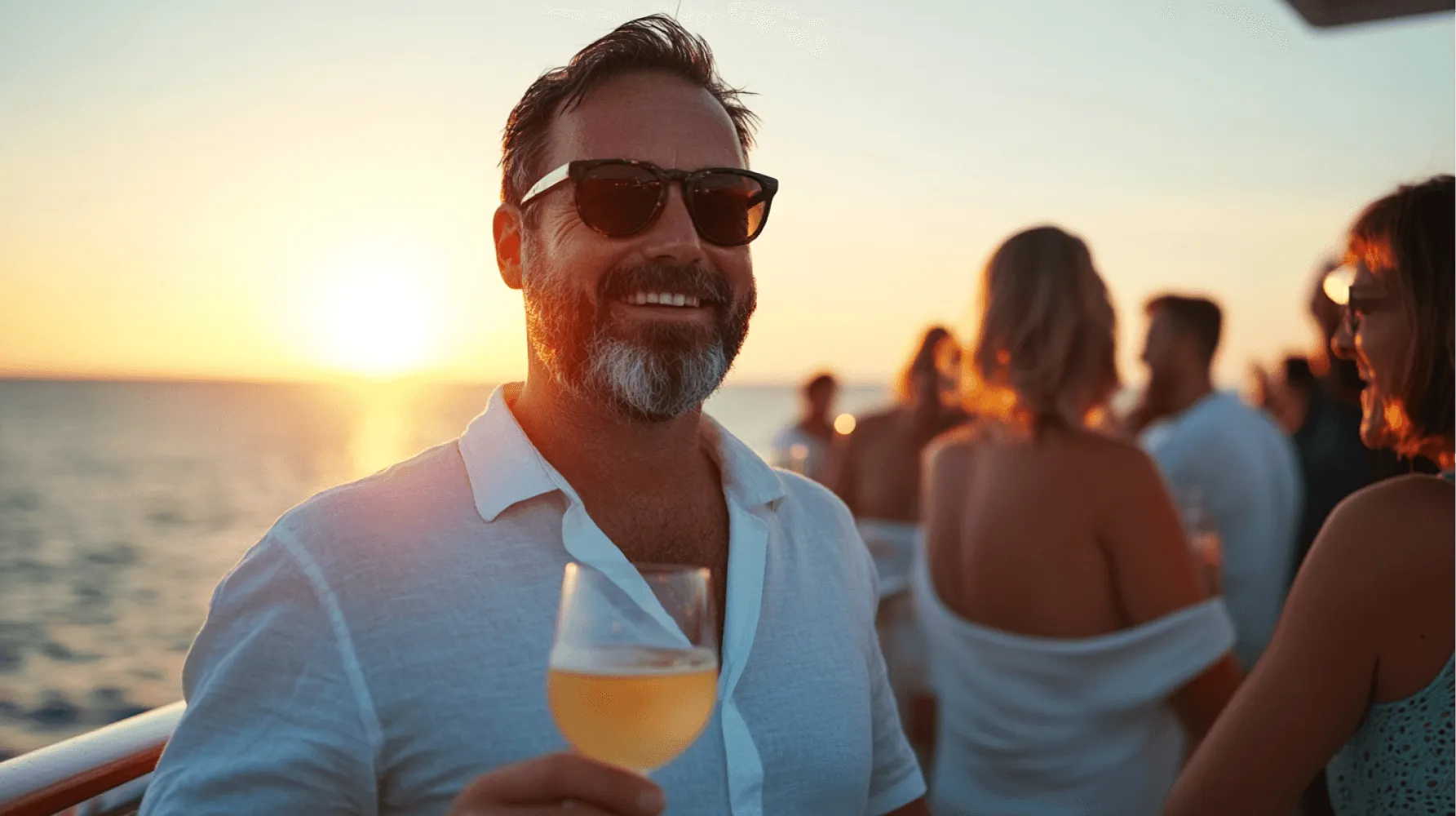 A man wearing sunglasses and a white shirt holding a glass of wine.