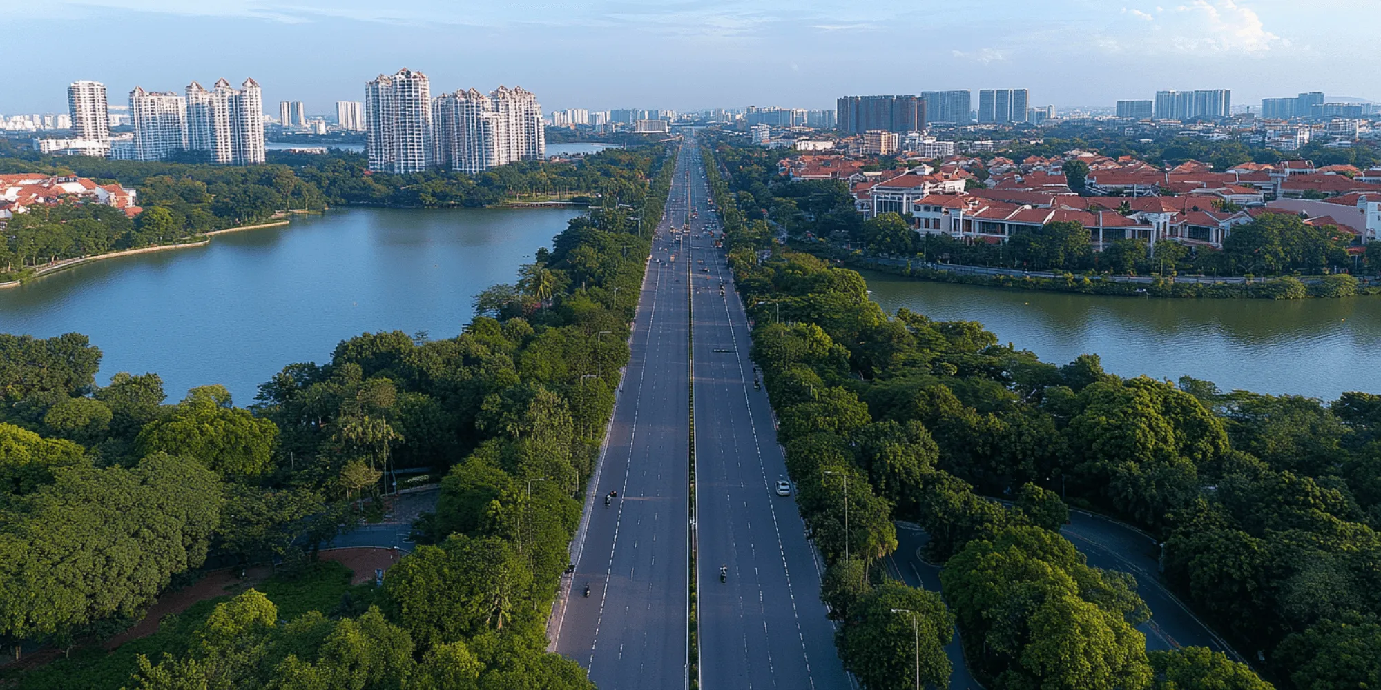 A large city street with a tree lined median.
