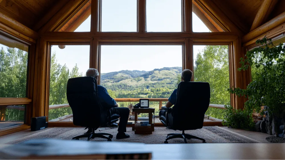 Two men sitting in chairs, looking out at the mountains.
